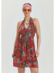 V Neck Halter Neck Red Floral Dress 4544